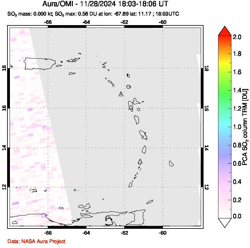 A sulfur dioxide image over Montserrat, West Indies on Nov 28, 2024.