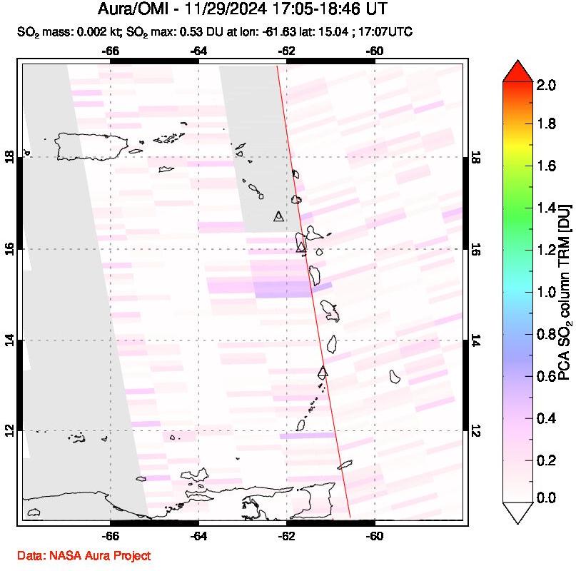 A sulfur dioxide image over Montserrat, West Indies on Nov 29, 2024.