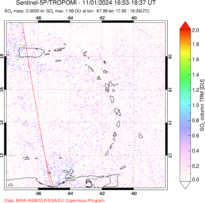 A sulfur dioxide image over Montserrat, West Indies on Nov 01, 2024.