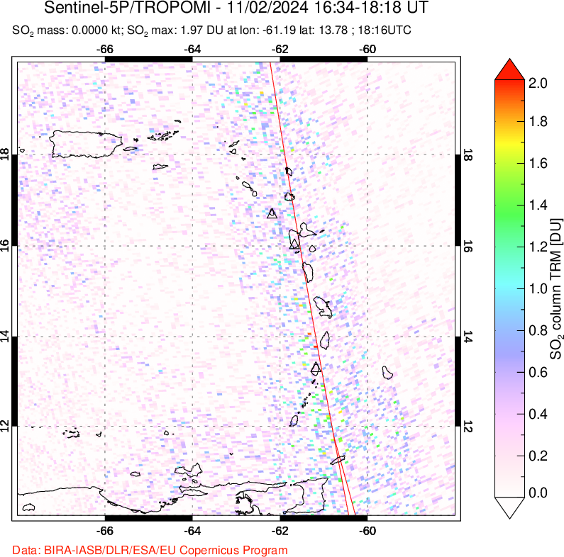 A sulfur dioxide image over Montserrat, West Indies on Nov 02, 2024.