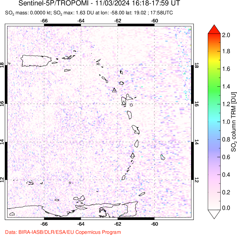 A sulfur dioxide image over Montserrat, West Indies on Nov 03, 2024.