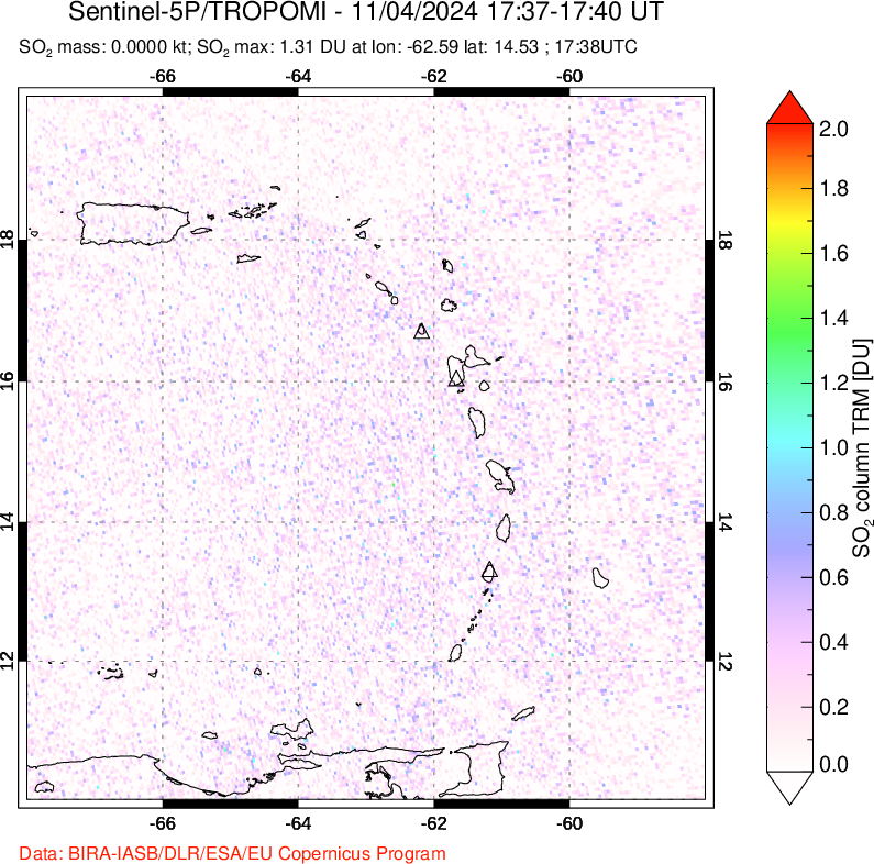 A sulfur dioxide image over Montserrat, West Indies on Nov 04, 2024.