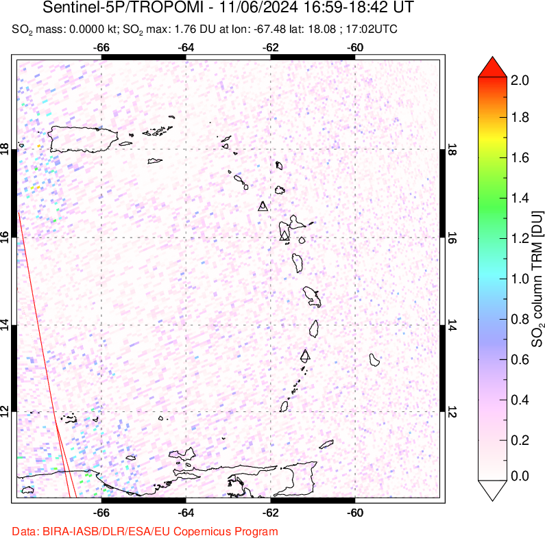 A sulfur dioxide image over Montserrat, West Indies on Nov 06, 2024.