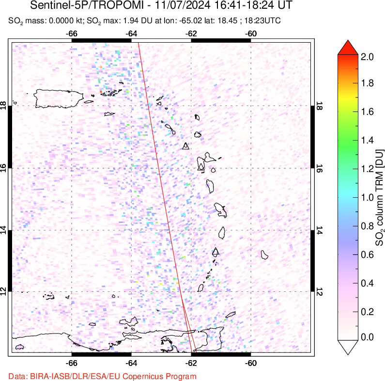 A sulfur dioxide image over Montserrat, West Indies on Nov 07, 2024.