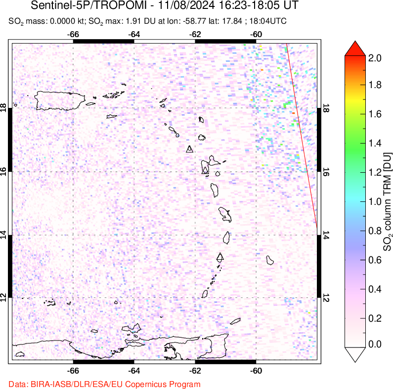 A sulfur dioxide image over Montserrat, West Indies on Nov 08, 2024.