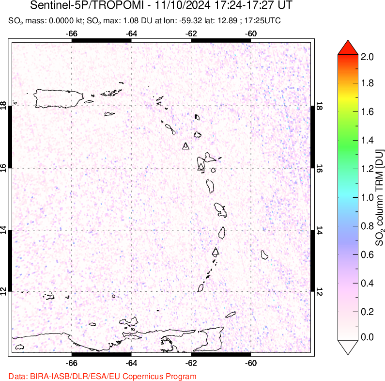 A sulfur dioxide image over Montserrat, West Indies on Nov 10, 2024.