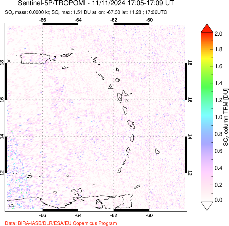 A sulfur dioxide image over Montserrat, West Indies on Nov 11, 2024.