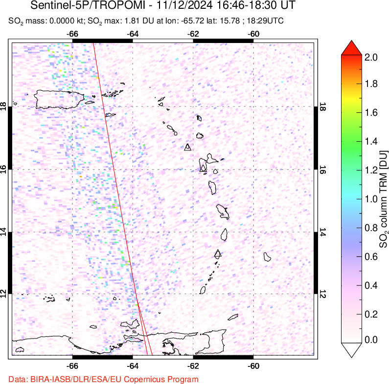 A sulfur dioxide image over Montserrat, West Indies on Nov 12, 2024.