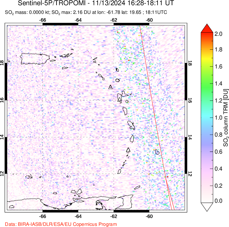 A sulfur dioxide image over Montserrat, West Indies on Nov 13, 2024.