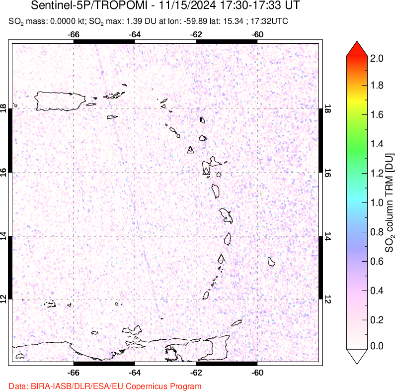 A sulfur dioxide image over Montserrat, West Indies on Nov 15, 2024.