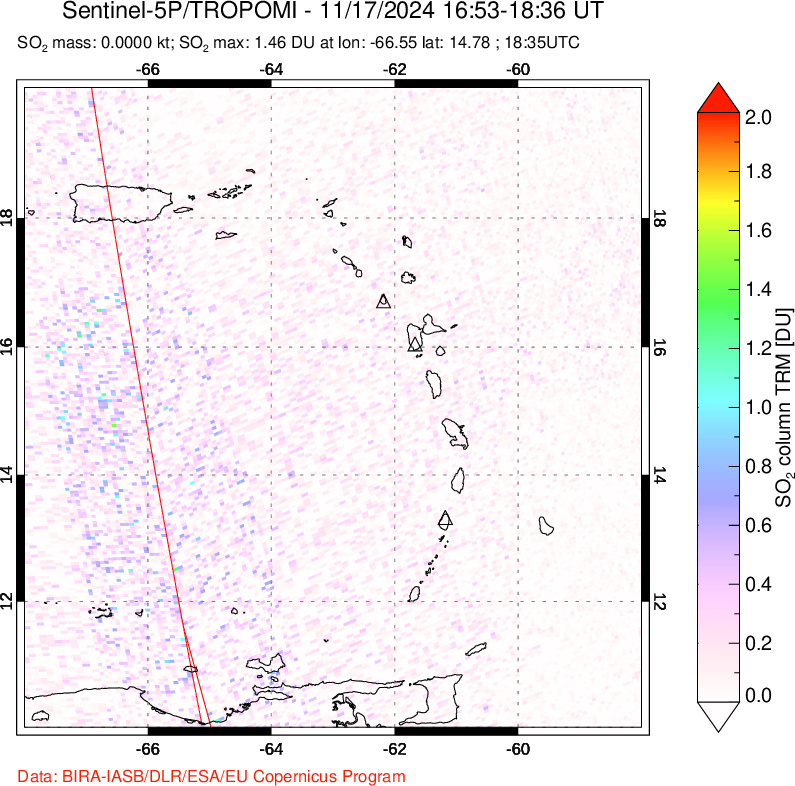 A sulfur dioxide image over Montserrat, West Indies on Nov 17, 2024.