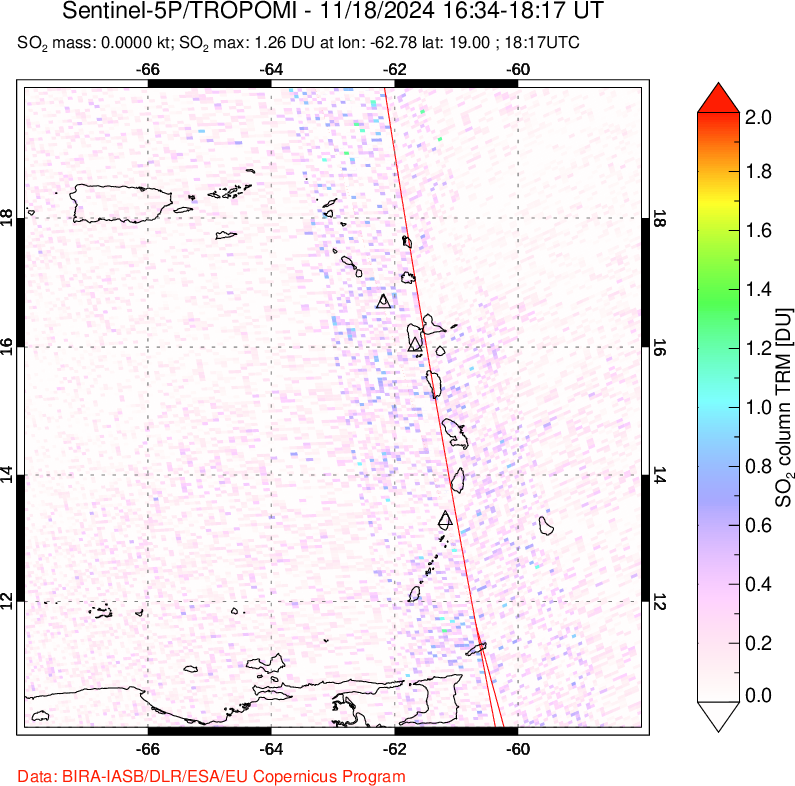 A sulfur dioxide image over Montserrat, West Indies on Nov 18, 2024.