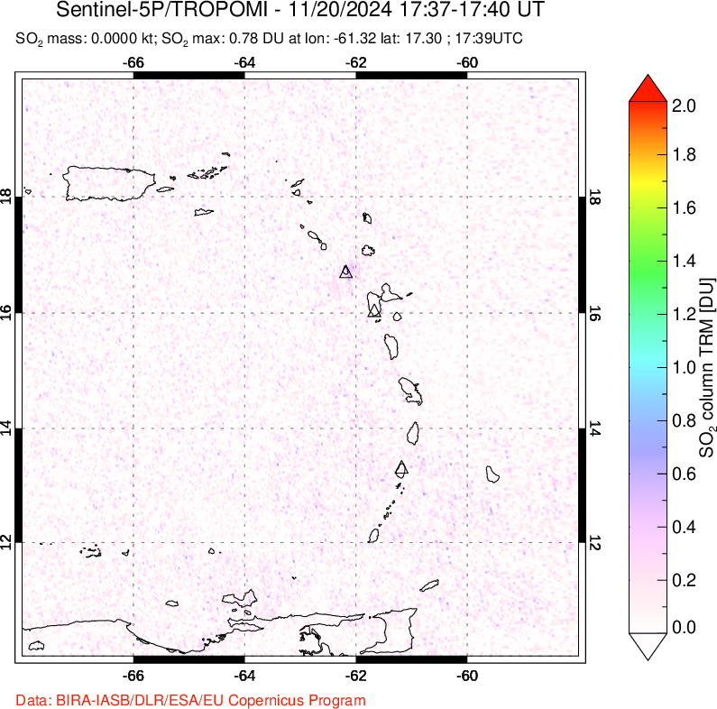 A sulfur dioxide image over Montserrat, West Indies on Nov 20, 2024.