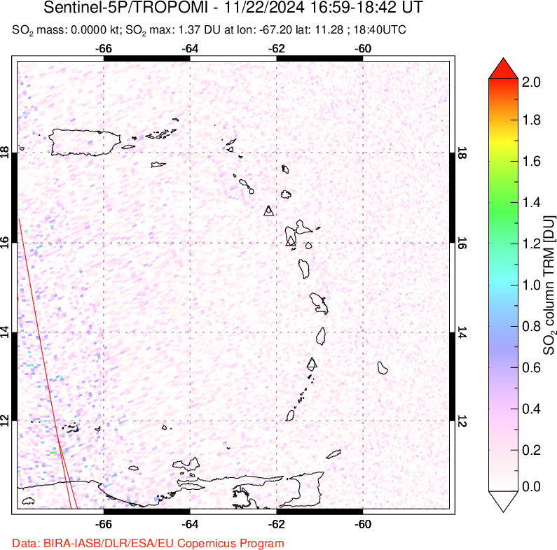 A sulfur dioxide image over Montserrat, West Indies on Nov 22, 2024.