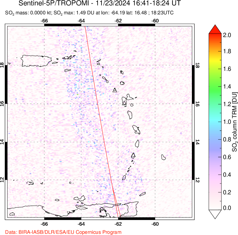 A sulfur dioxide image over Montserrat, West Indies on Nov 23, 2024.