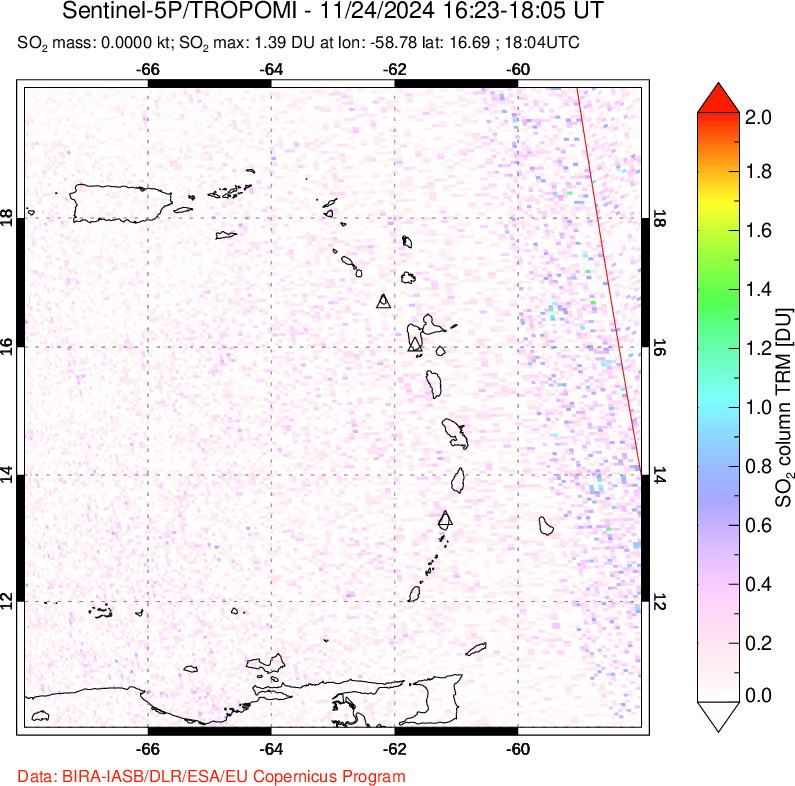 A sulfur dioxide image over Montserrat, West Indies on Nov 24, 2024.