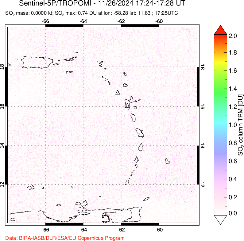 A sulfur dioxide image over Montserrat, West Indies on Nov 26, 2024.