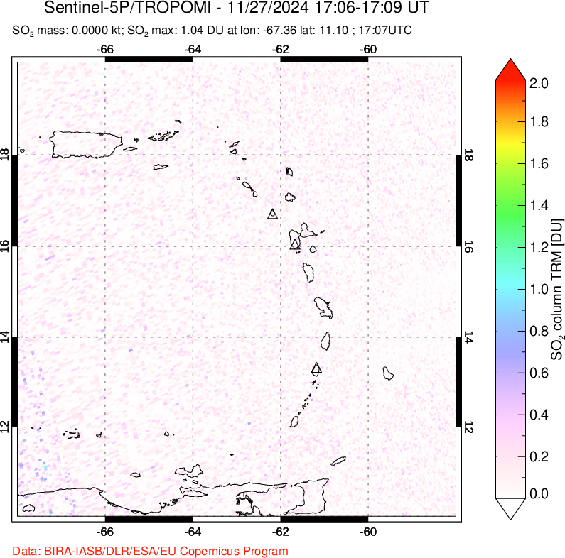 A sulfur dioxide image over Montserrat, West Indies on Nov 27, 2024.