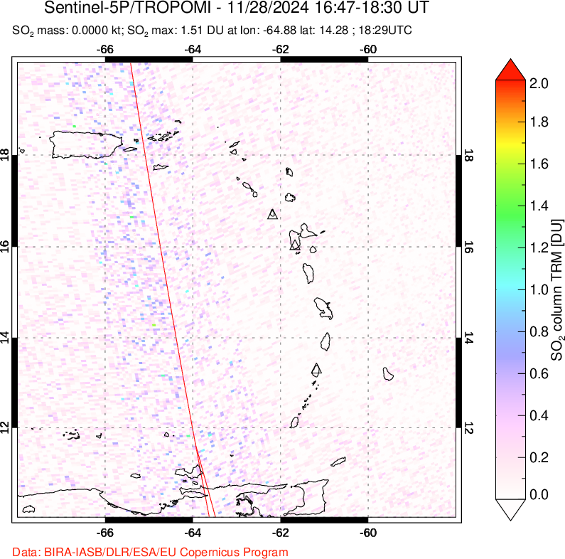 A sulfur dioxide image over Montserrat, West Indies on Nov 28, 2024.