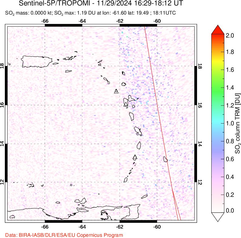 A sulfur dioxide image over Montserrat, West Indies on Nov 29, 2024.