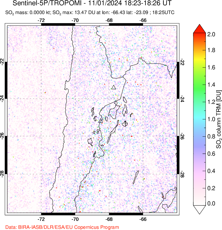 A sulfur dioxide image over Northern Chile on Nov 01, 2024.