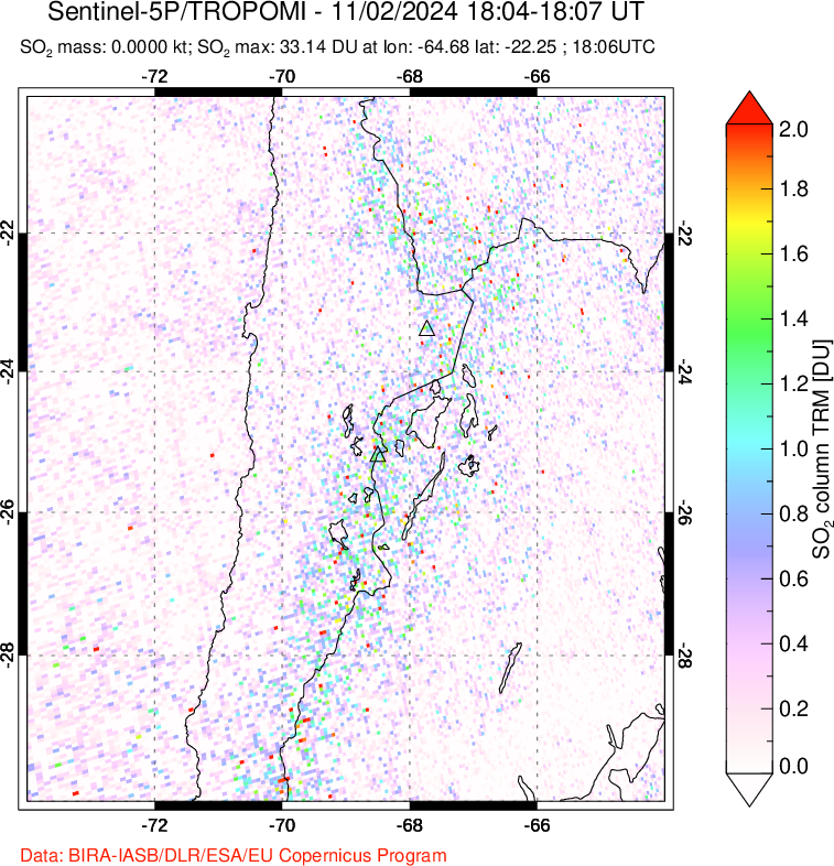 A sulfur dioxide image over Northern Chile on Nov 02, 2024.