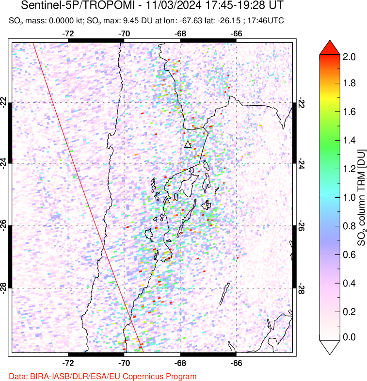 A sulfur dioxide image over Northern Chile on Nov 03, 2024.