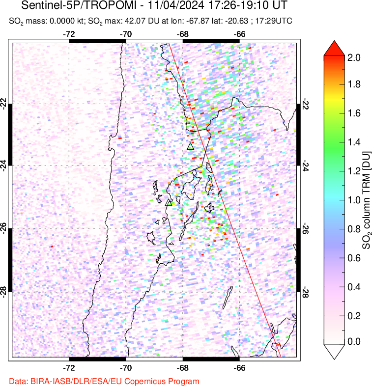 A sulfur dioxide image over Northern Chile on Nov 04, 2024.