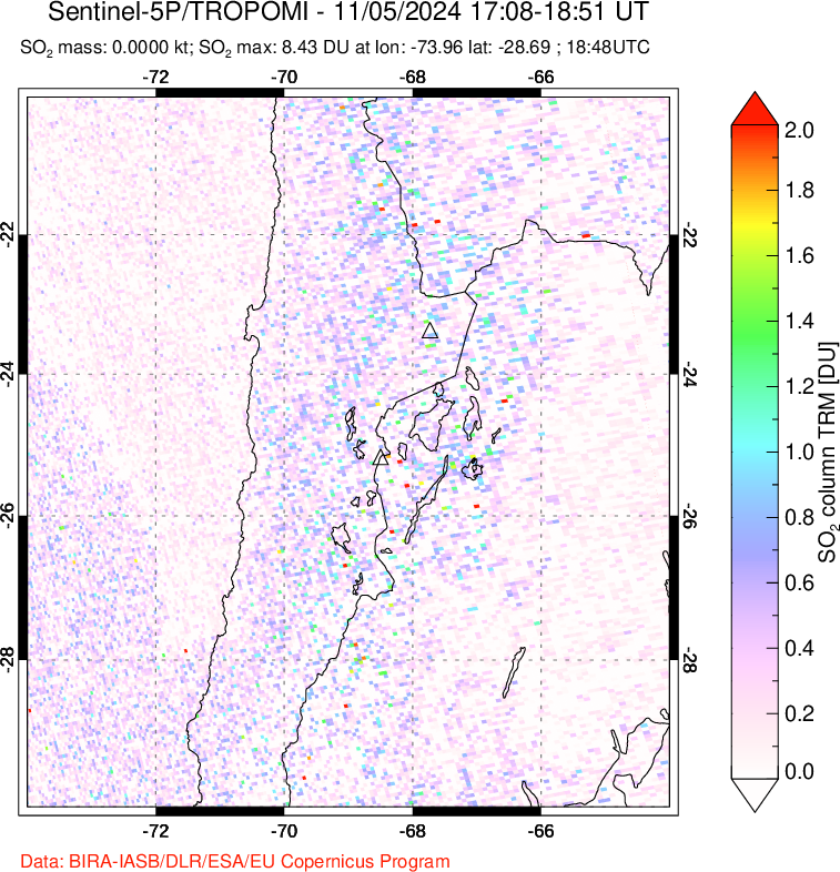 A sulfur dioxide image over Northern Chile on Nov 05, 2024.