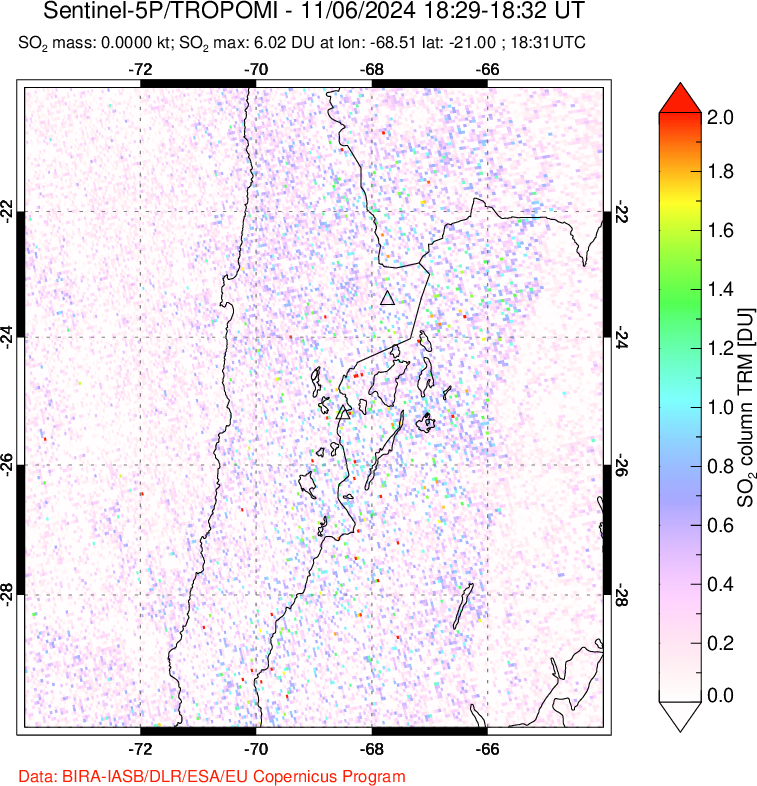 A sulfur dioxide image over Northern Chile on Nov 06, 2024.