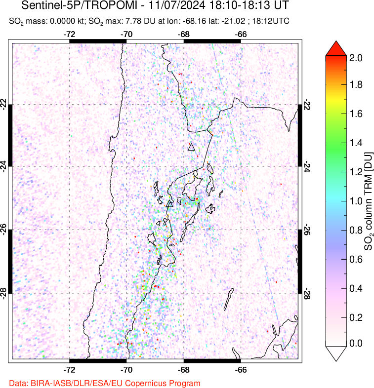 A sulfur dioxide image over Northern Chile on Nov 07, 2024.