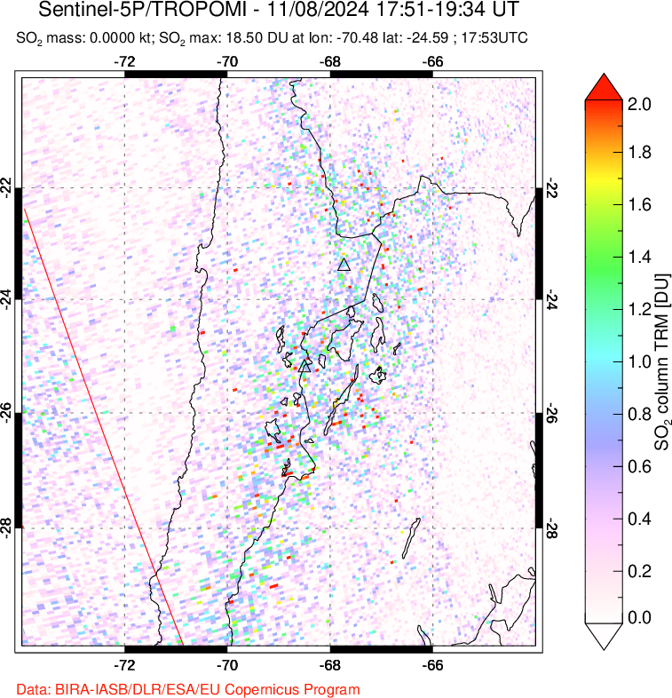 A sulfur dioxide image over Northern Chile on Nov 08, 2024.