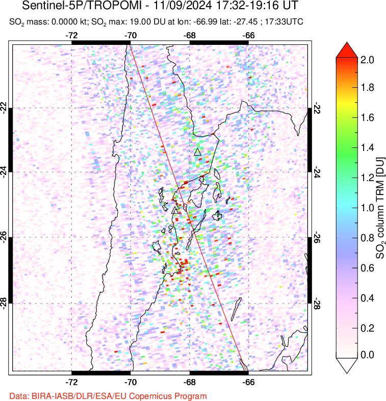 A sulfur dioxide image over Northern Chile on Nov 09, 2024.