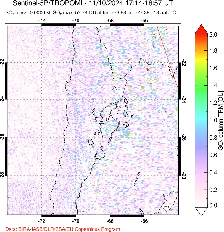 A sulfur dioxide image over Northern Chile on Nov 10, 2024.