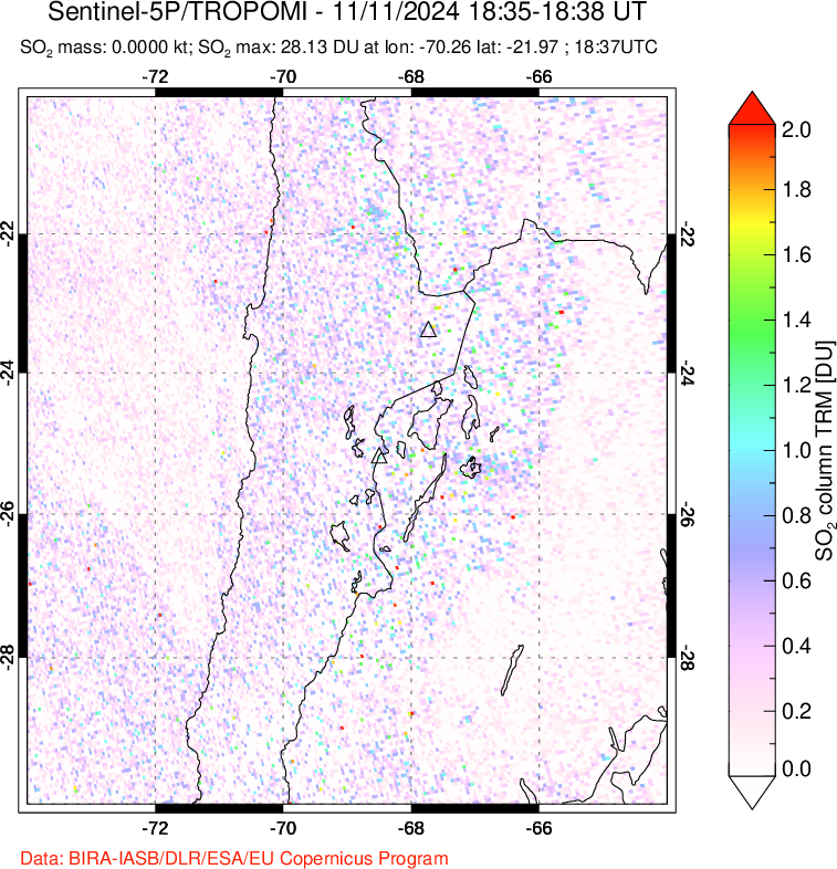 A sulfur dioxide image over Northern Chile on Nov 11, 2024.