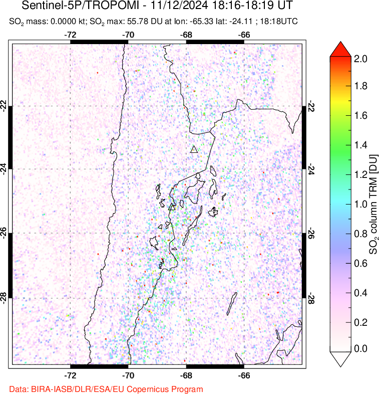 A sulfur dioxide image over Northern Chile on Nov 12, 2024.