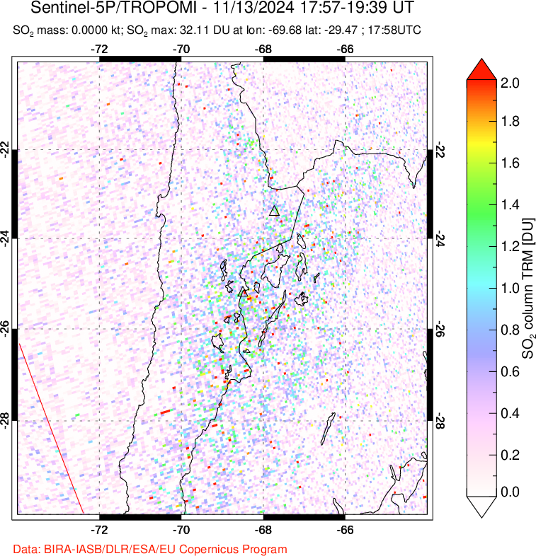 A sulfur dioxide image over Northern Chile on Nov 13, 2024.