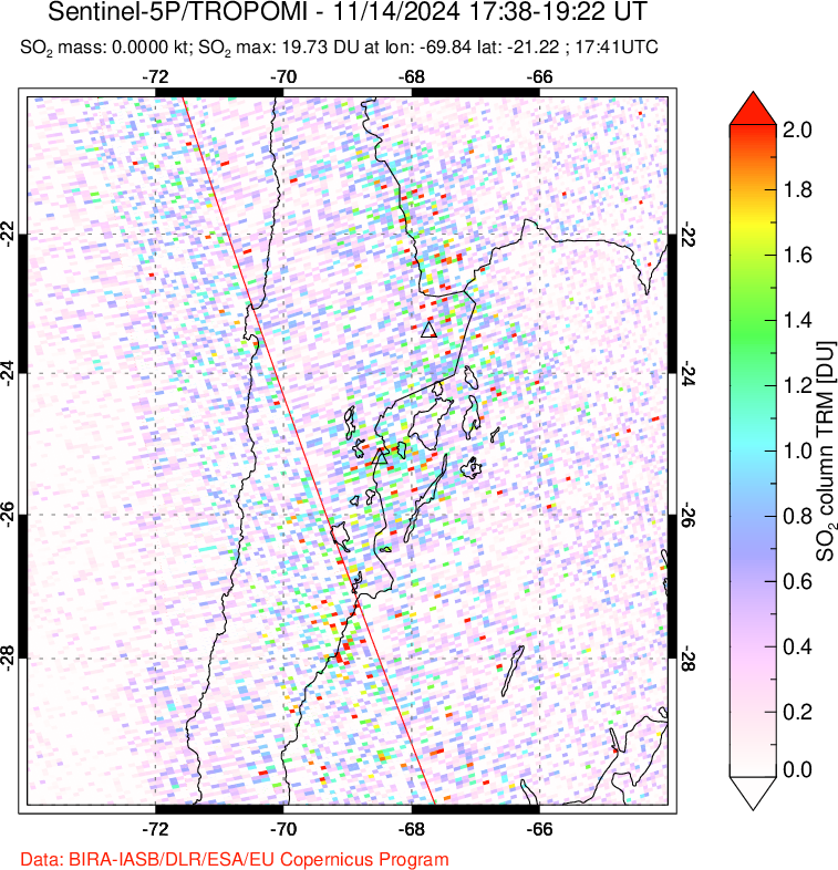 A sulfur dioxide image over Northern Chile on Nov 14, 2024.