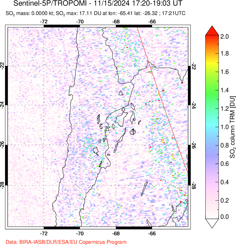 A sulfur dioxide image over Northern Chile on Nov 15, 2024.