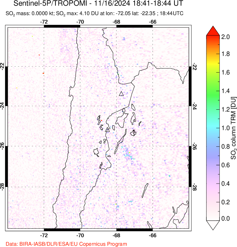 A sulfur dioxide image over Northern Chile on Nov 16, 2024.