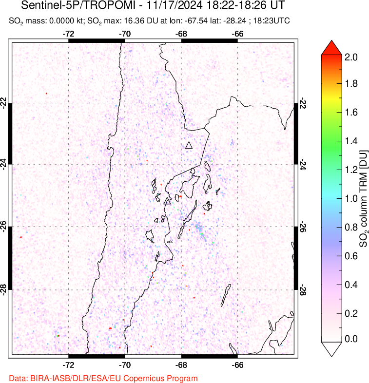 A sulfur dioxide image over Northern Chile on Nov 17, 2024.