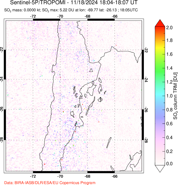 A sulfur dioxide image over Northern Chile on Nov 18, 2024.