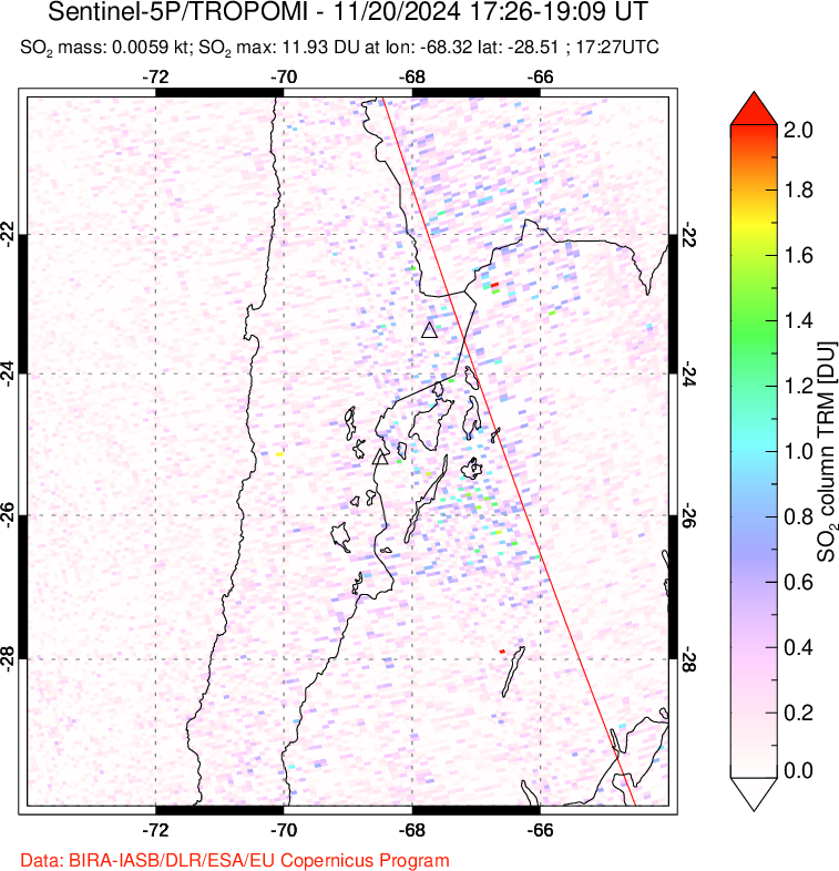 A sulfur dioxide image over Northern Chile on Nov 20, 2024.