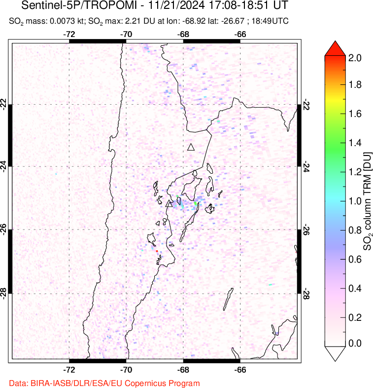 A sulfur dioxide image over Northern Chile on Nov 21, 2024.