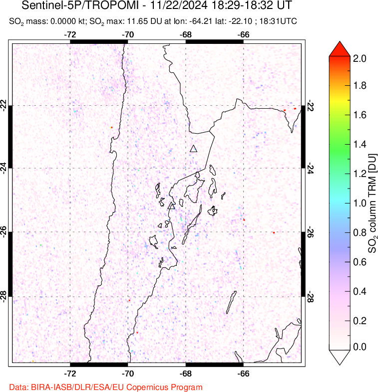 A sulfur dioxide image over Northern Chile on Nov 22, 2024.