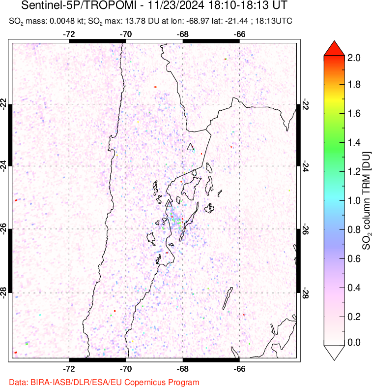 A sulfur dioxide image over Northern Chile on Nov 23, 2024.