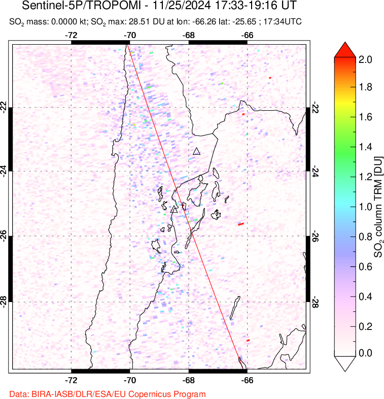 A sulfur dioxide image over Northern Chile on Nov 25, 2024.