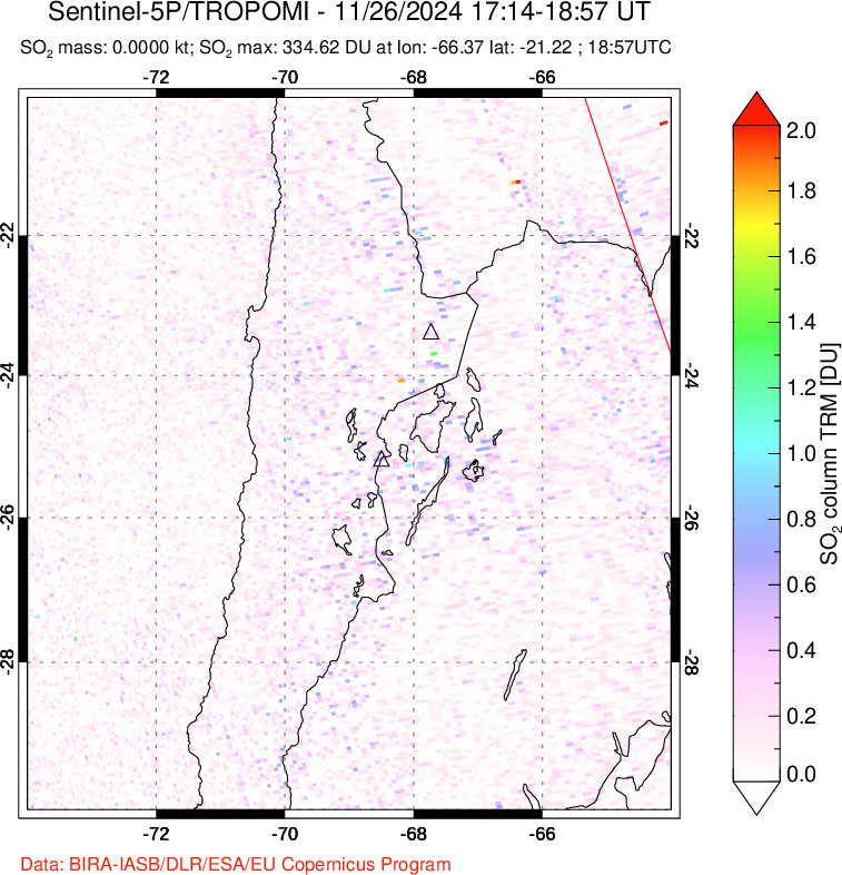 A sulfur dioxide image over Northern Chile on Nov 26, 2024.