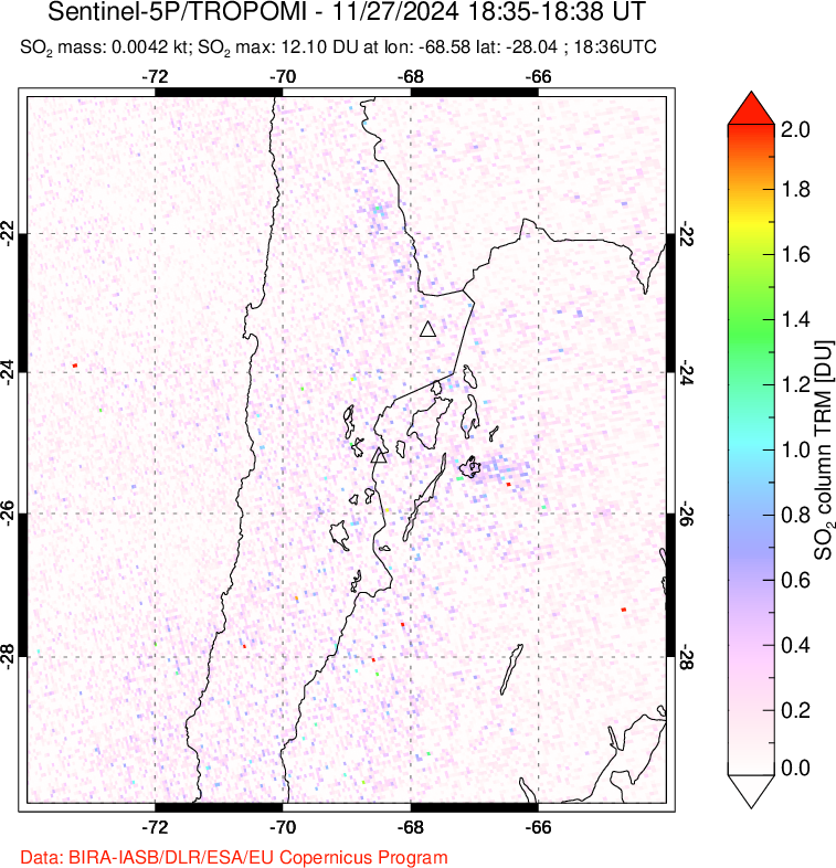 A sulfur dioxide image over Northern Chile on Nov 27, 2024.