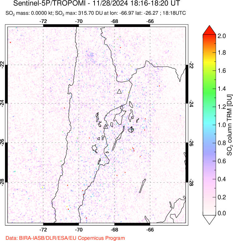 A sulfur dioxide image over Northern Chile on Nov 28, 2024.